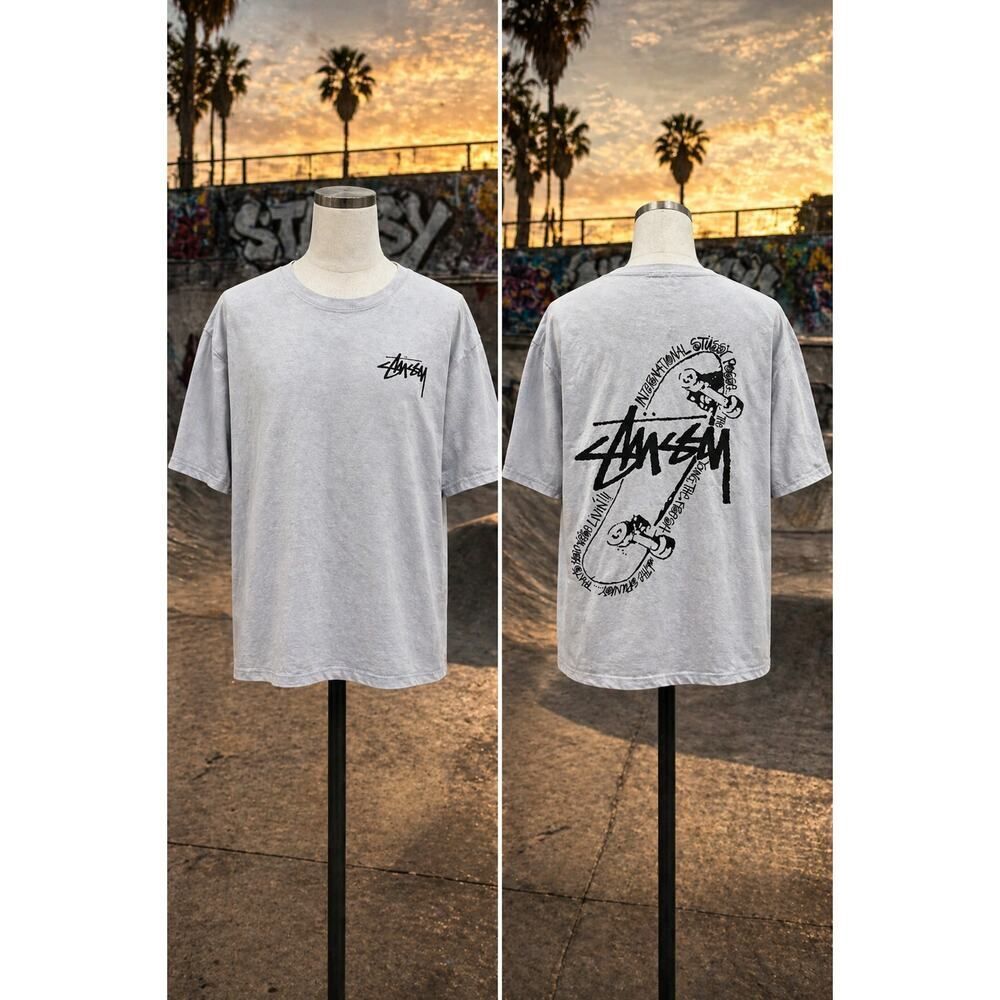 Stussy Tie Dye Tee Gray L Big Logo Back Graphic Skate Streetwear